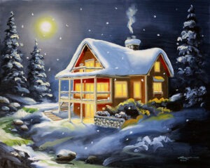 Chalet winter snow 30x40 oils on canvas painting by RUSTY RUST  M-245